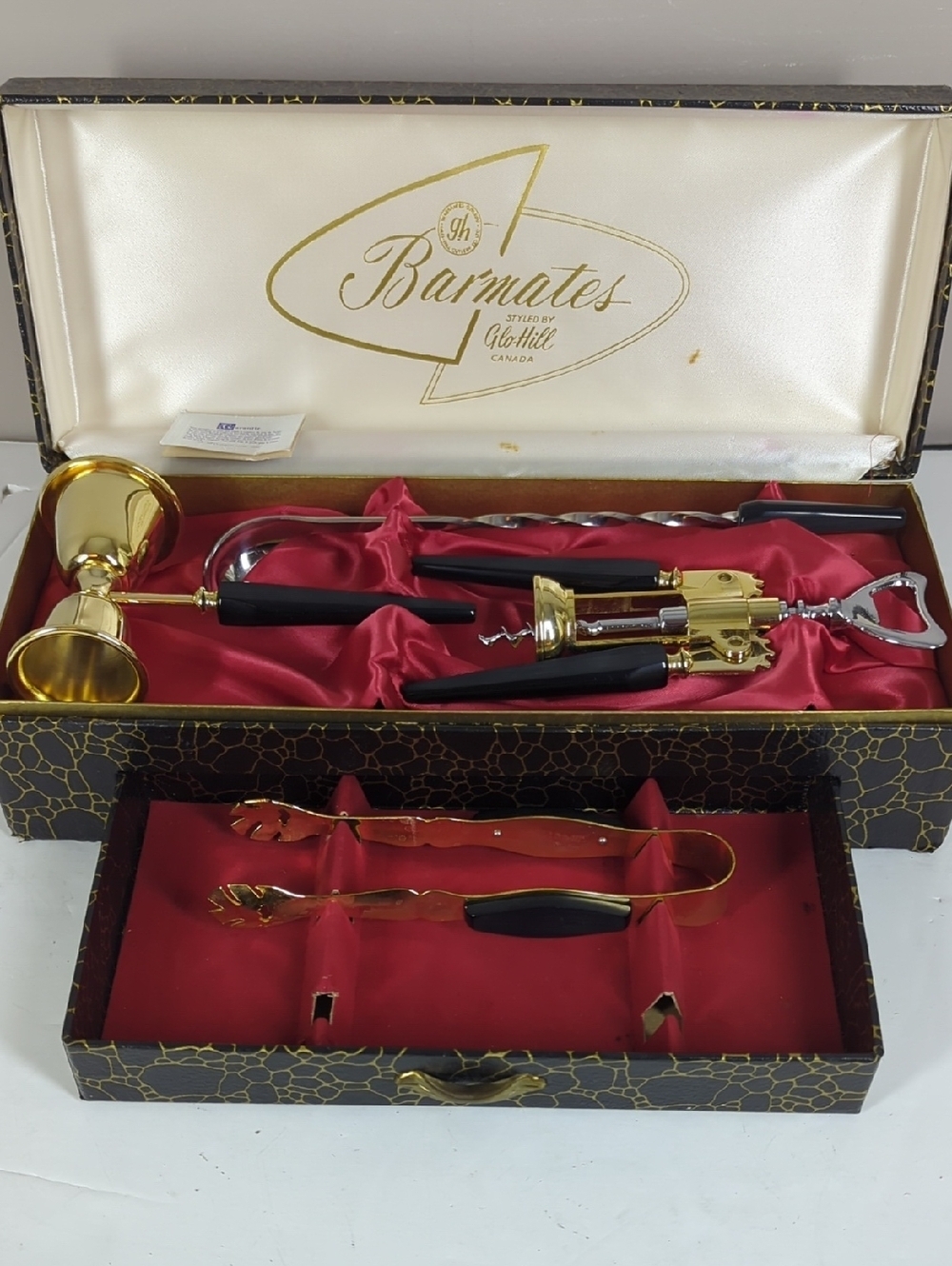 Vintage Glohill Barmates Bar Set Gold MCM Cocktail Tools w/ Case Canada
